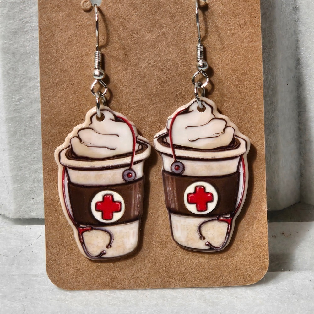 Nurse Coffee Cup Earrings Cute Medical Stethoscope Charm‎ Dangle Jewelry